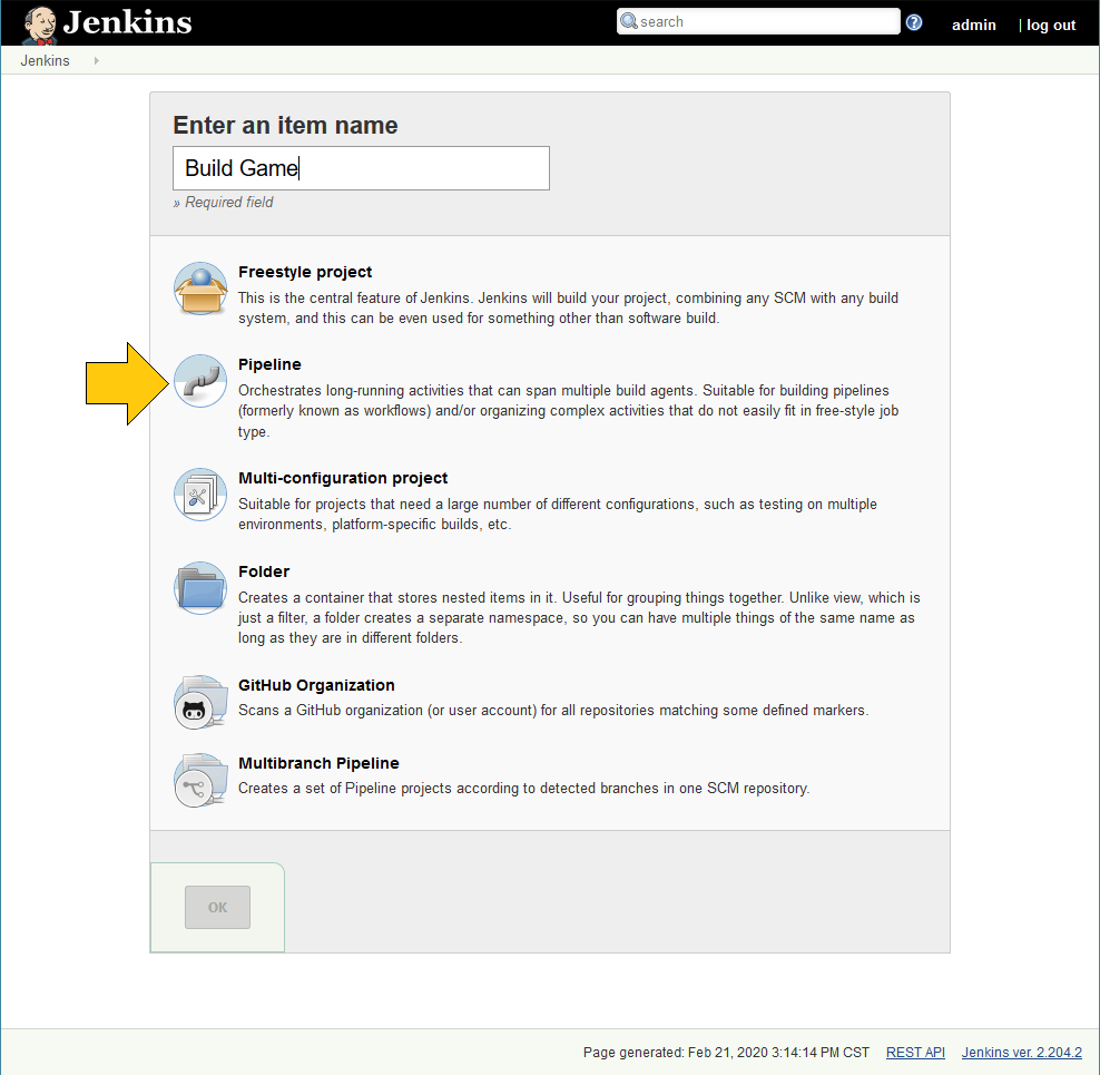 Jenkins create job page